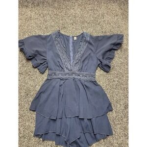 Shein Curve Womens 0XL Blue Lace Trim Ruffle Sleeve Tiered Romper V-Neck Boho